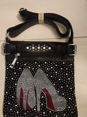 Black Rhinestone Crossbody Bag with High Heel Design